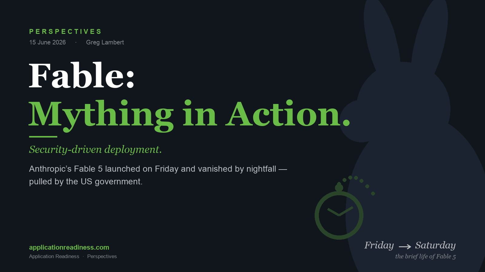Editorial title card on dark navy reading "Fable - Mything in Action" in white-and-green serif, a powerful AI model icon dissolving into static at the right, branded Application Readiness Perspectives